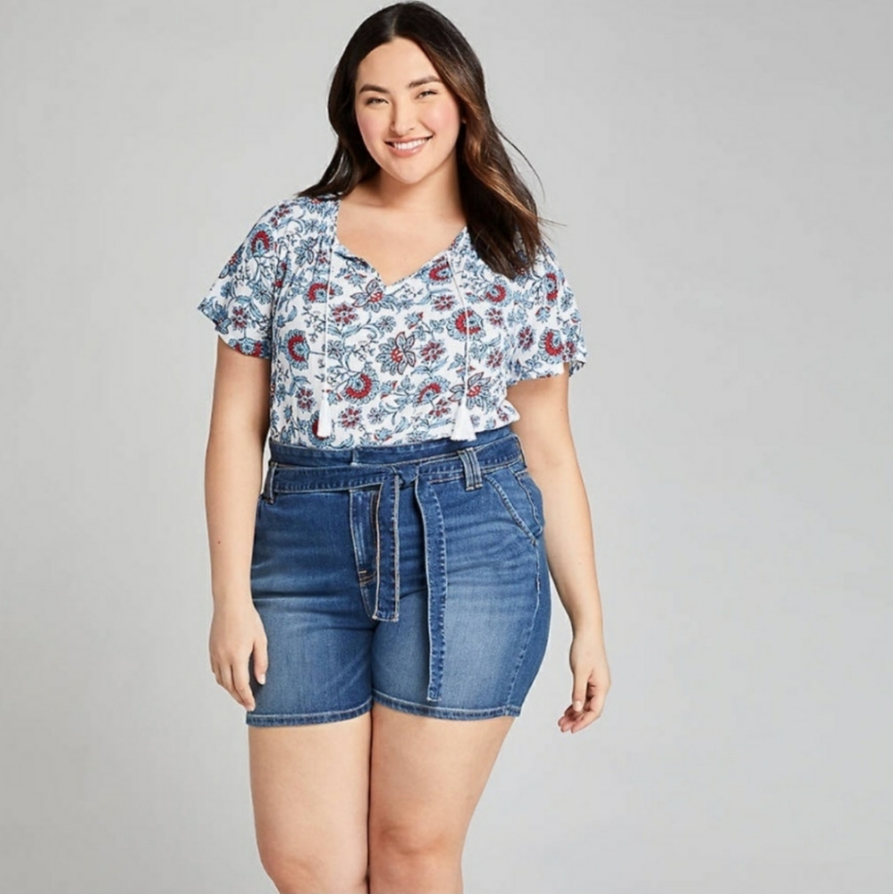 Lane Bryant Womens Plus Size Belted Paperbag Waist Girlfriend Denim Jean Shorts - Picture 13 of 14